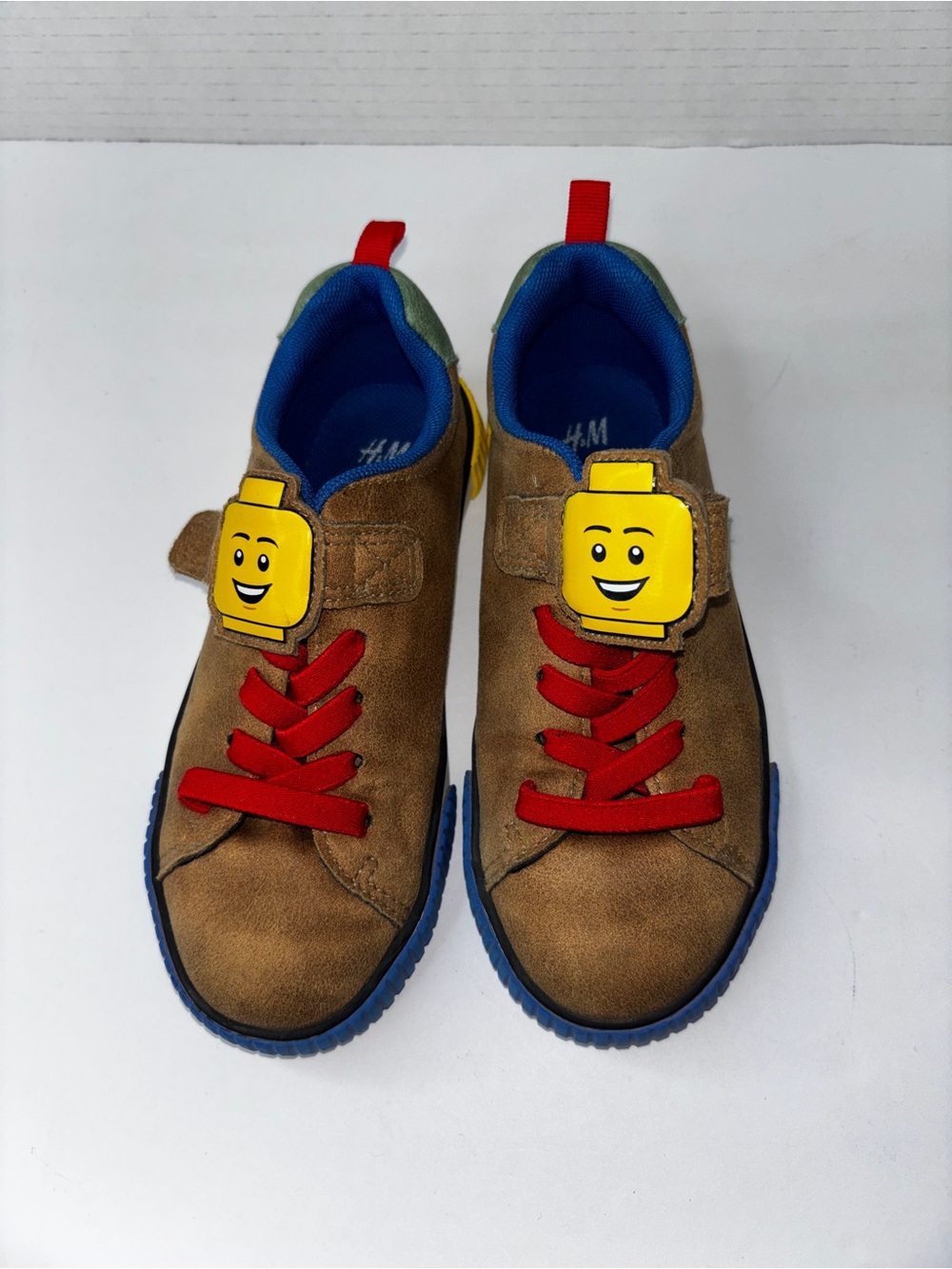 H&M Kids Brown Sneakers with Red Laces and Yellow LEGO Face